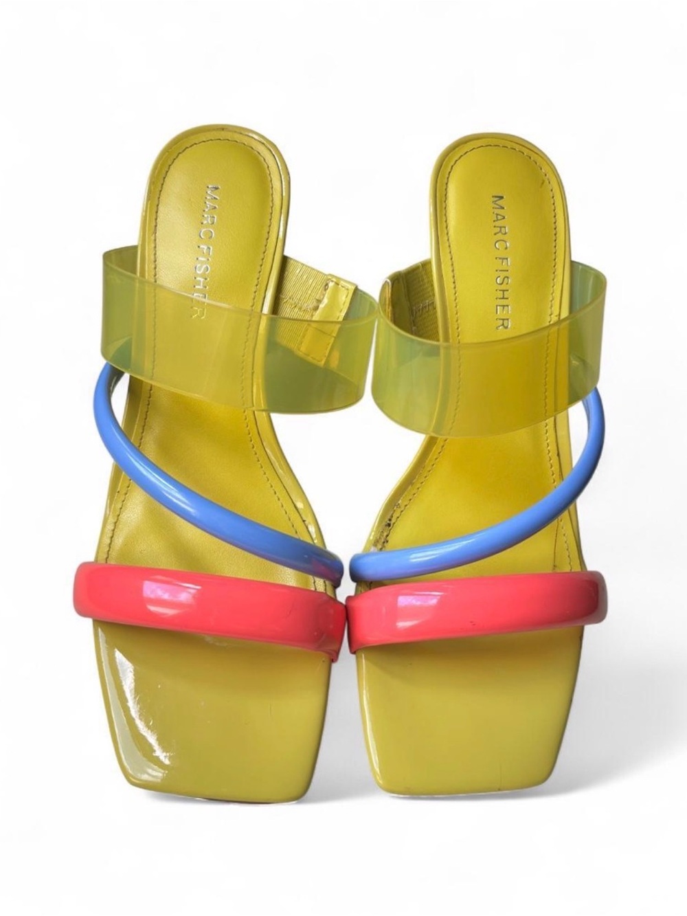 Marc Fisher Yellow Heeled Sandal with Pink and Blue Straps